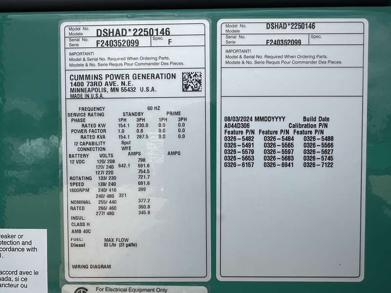 New Cummins DSHAD QSL9-G2 NR3 Diesel Generator EPA Tier 3