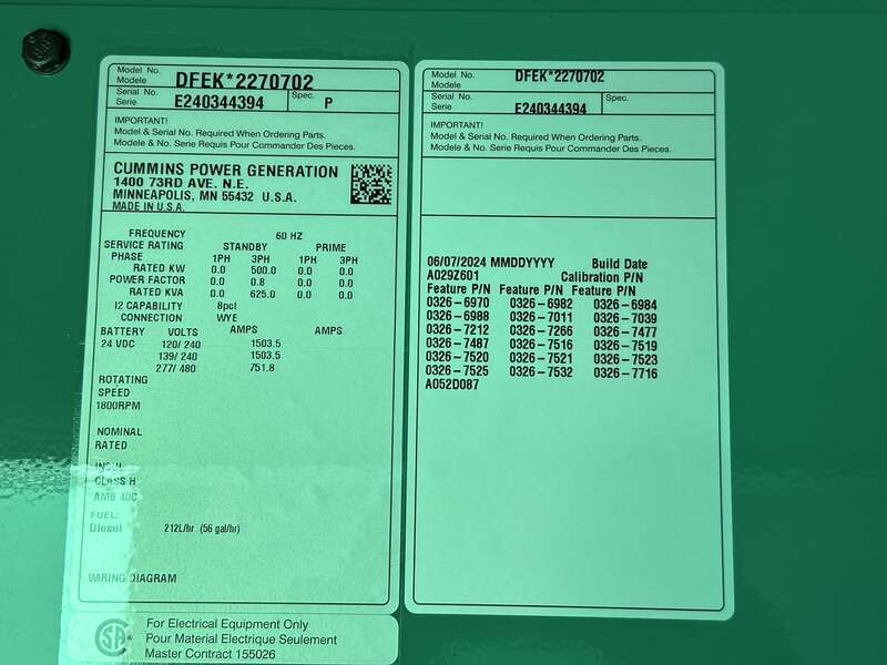 New Cummins DFEK QSX15-G9 Diesel Generator EPA Tier 2