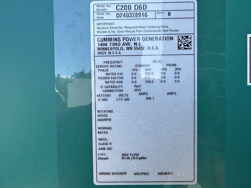 New Cummins C200D6D QSB7-G5 NR3 Diesel Generator, EPA Tier 3