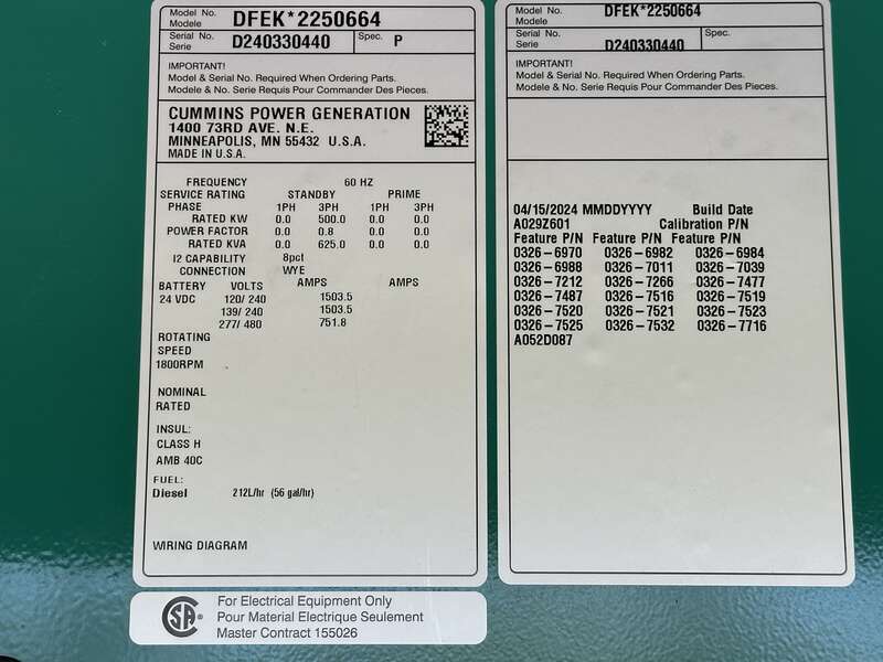New Cummins DFEK QSX15-G9 Diesel Generator EPA Tier 2