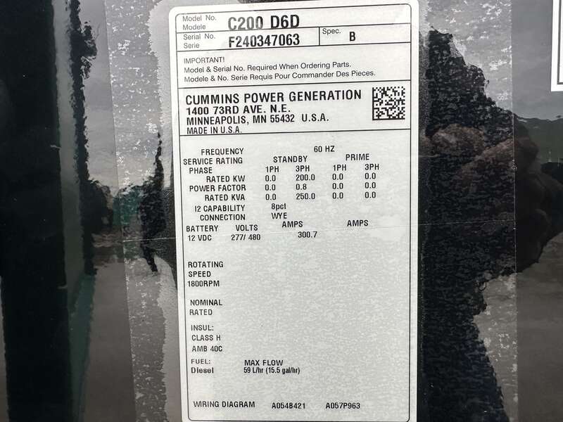 New Cummins C200D6D QSB7-G5 NR3 Diesel Generator, EPA Tier 3