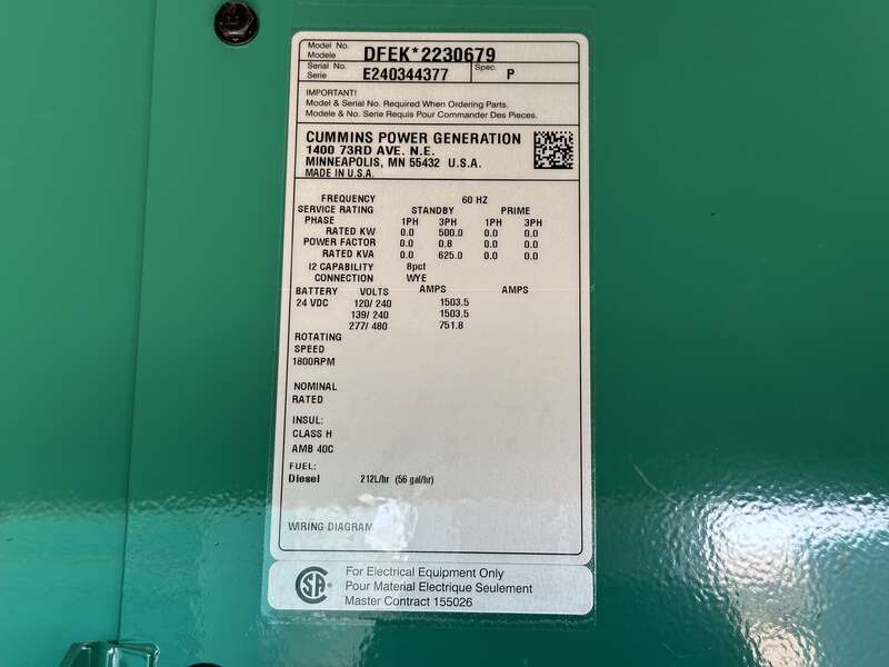 New Cummins DFEK QSX15-G9 Diesel Generator 0 Hrs EPA Tier 2