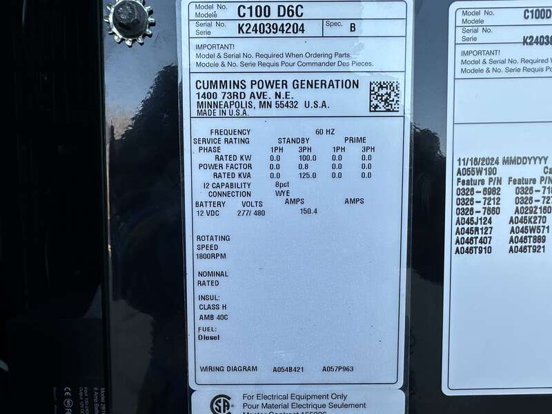 New Cummins C100D6C QSB5-G13 NR3 Diesel Generator, EPA Tier 3