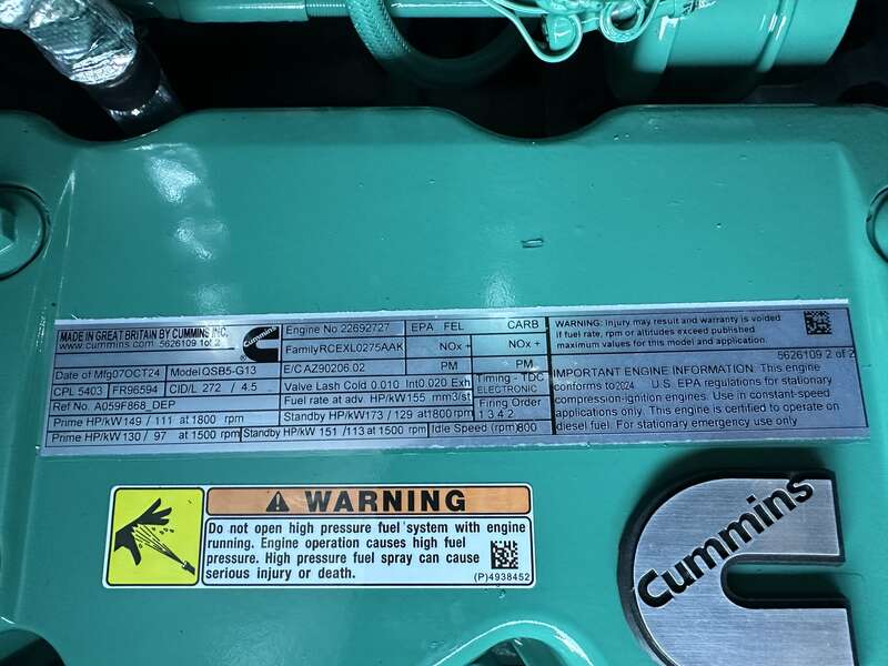 New Cummins C100D6C QSB5-G13 NR3 Diesel Generator, EPA Tier 3