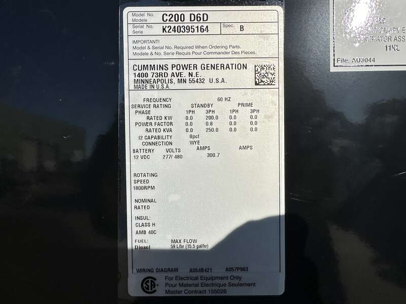 New Cummins C200D6D QSB7-G5 NR3 Diesel Generator, EPA Tier 3