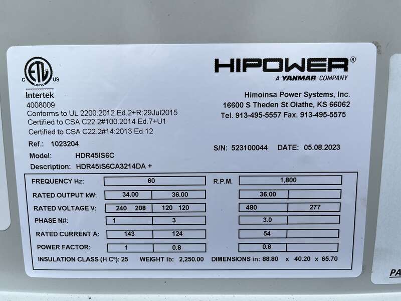 New HiPower HRIW 45 Rental Grade Diesel Generator, 0 Hrs, EPA Tier 4 Final