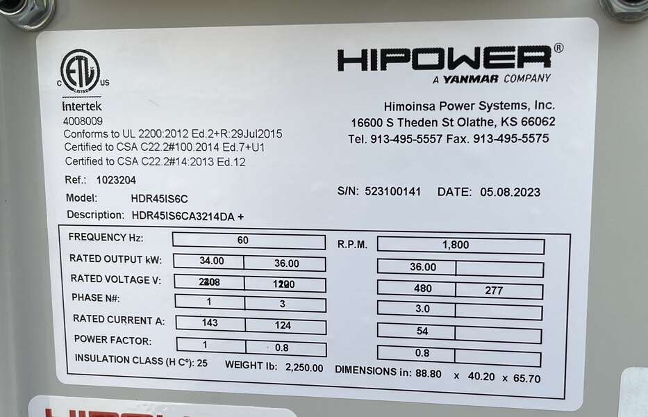 New HiPower HRIW 45 Rental Grade Diesel Generator, 0 Hrs, EPA Tier 4 Final