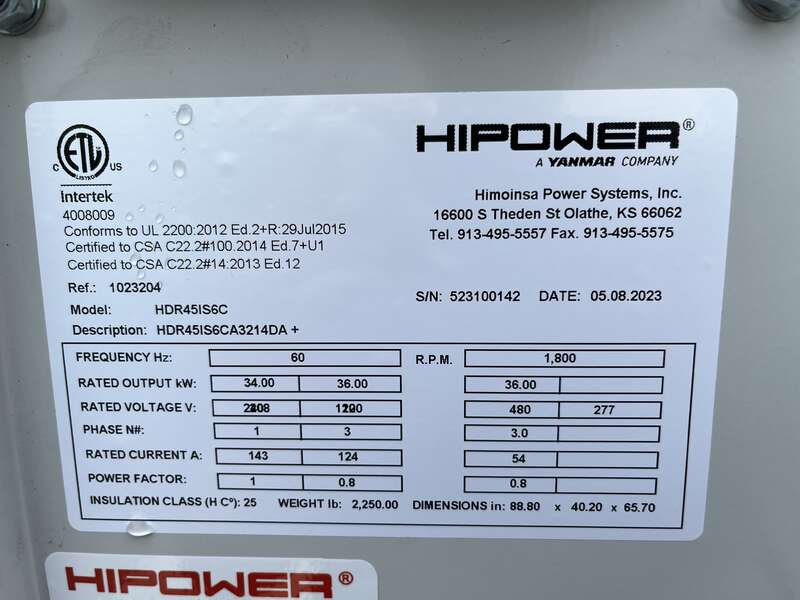 New HiPower HRIW 45 Rental Grade Diesel Generator, 0 Hrs, EPA Tier 4 Final