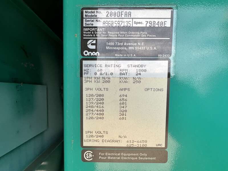 Used Cummins DFAA LTA10-G1 Diesel Generator, 979 Hrs