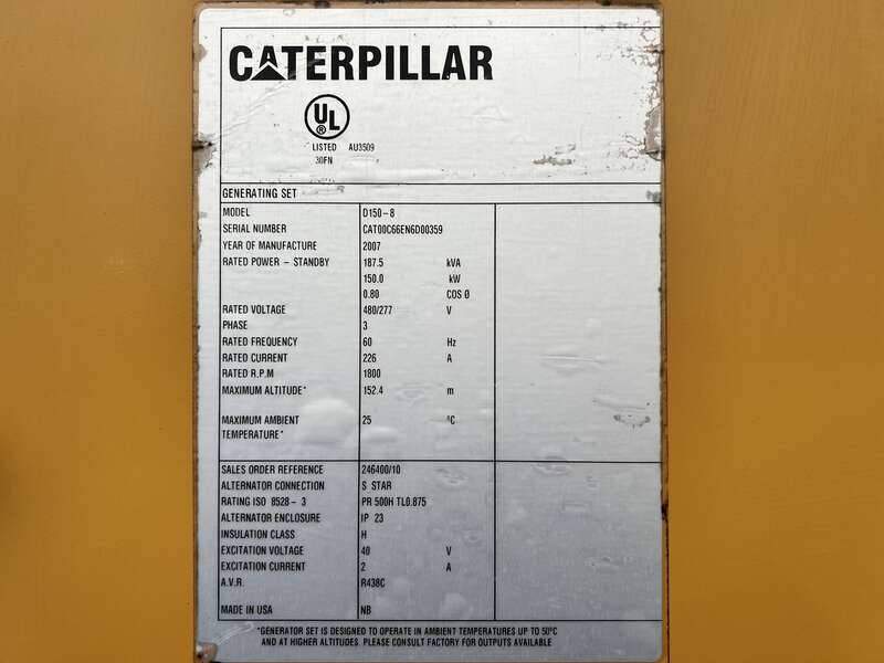 Used Caterpillar D150-8 C6.6 Diesel Generator 14 Hrs, EPA Tier 3