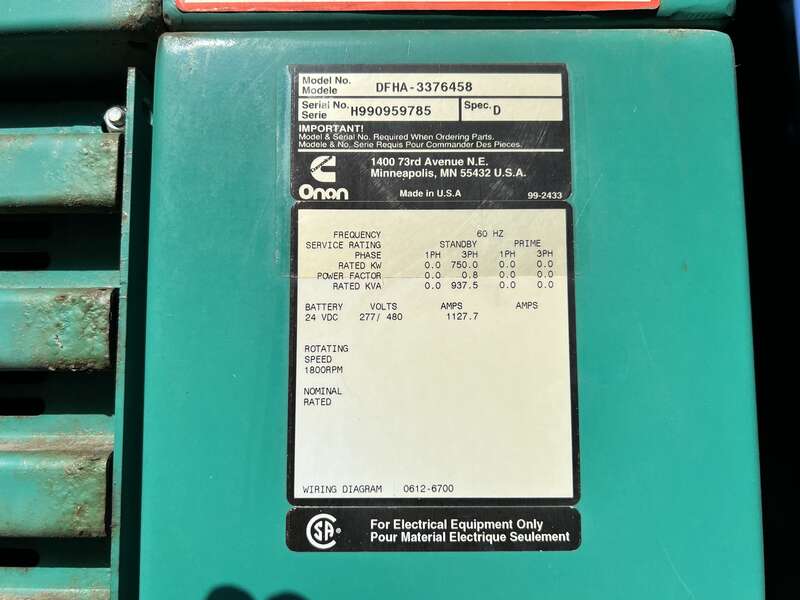 Used Cummins 750DFHA QST30-G1 Diesel Generator, 178 Hrs