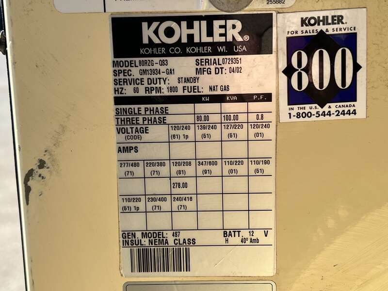 Used Kohler 80RZG Natural Gas/Propane Generator | 350 Hrs | 80 KW | 0 ...