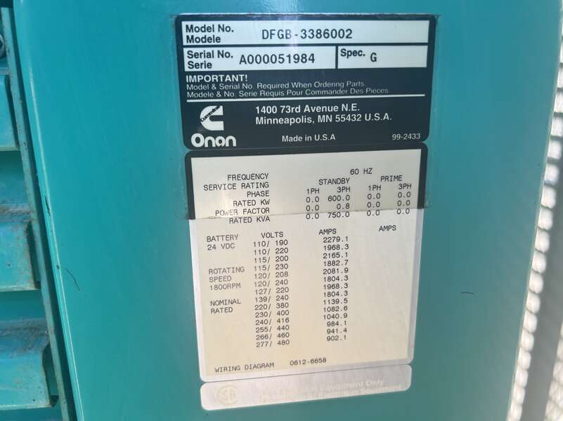 Used Cummins DFGB VTA28-G5 Diesel Generator, 556 Hrs