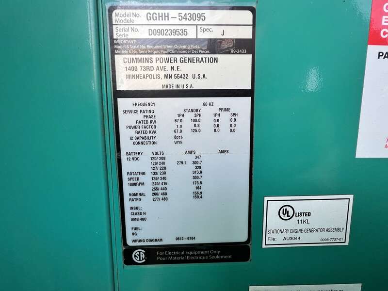 Used Cummins GGHH Natural Gas / Propane Generator, 354 Hrs