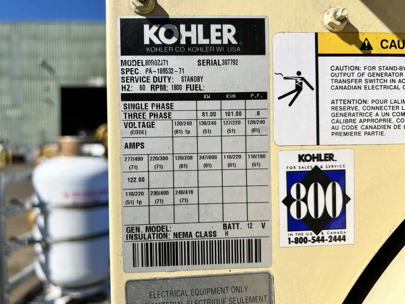 Used Kohler 80ROZJ71 Diesel Generator, 661 Hrs