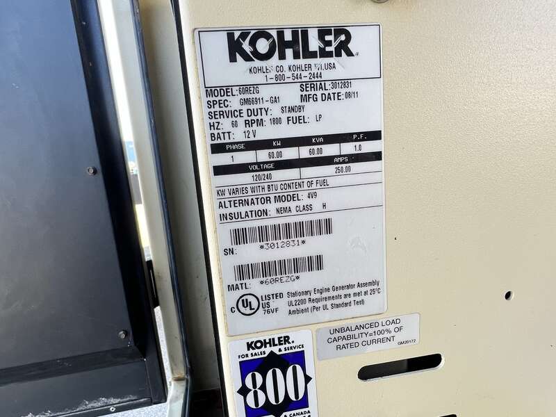 Used Kohler 60REZG Natural Gas / Propane Generator 93 Hrs EPA Certified