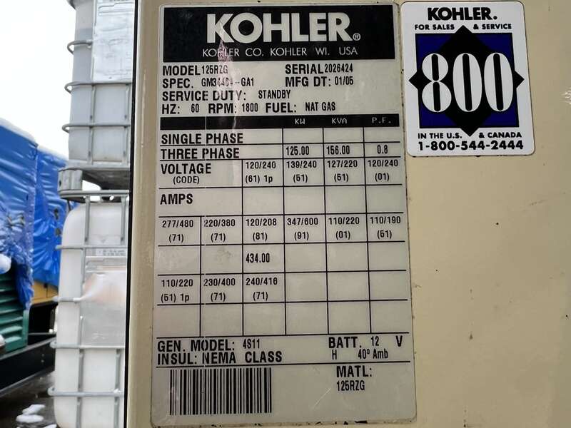 Used Kohler 125RZG Natural Gas / Propane Generator, 526 Hrs