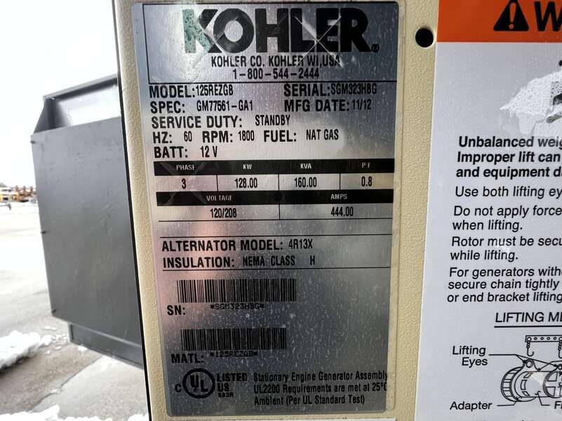 Used Kohler 125REZGB Natural Gas / Propane Generator, 199 Hrs