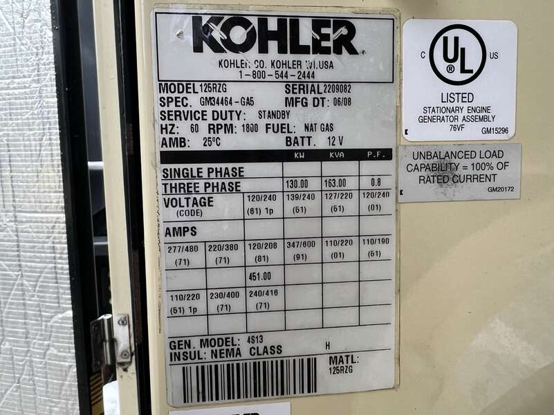 Used Kohler 125REZG Natural Gas / Propane Generator, 535 Hrs
