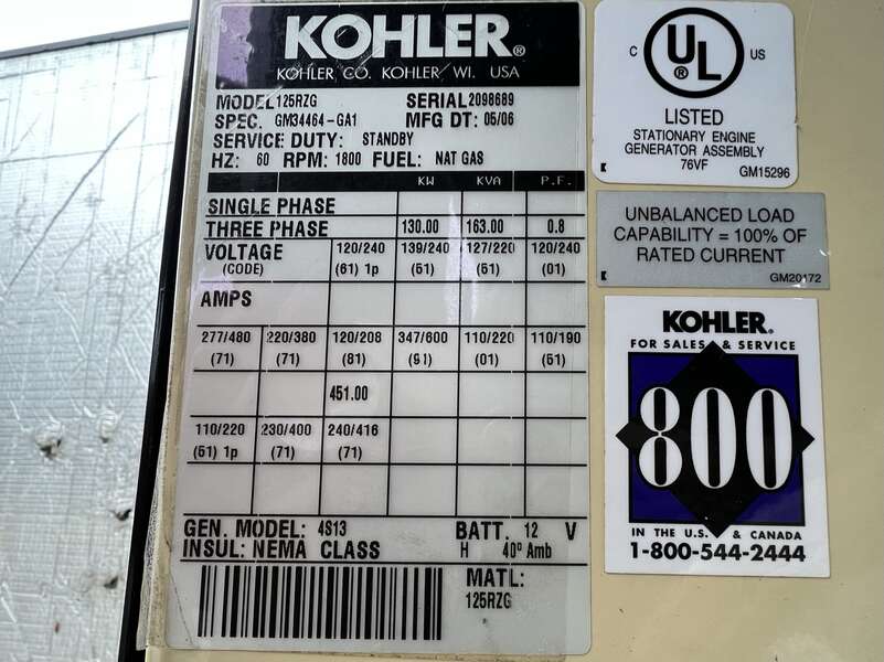 Used Kohler 125RZG Natural Gas / Propane Generator, 1023 Hrs