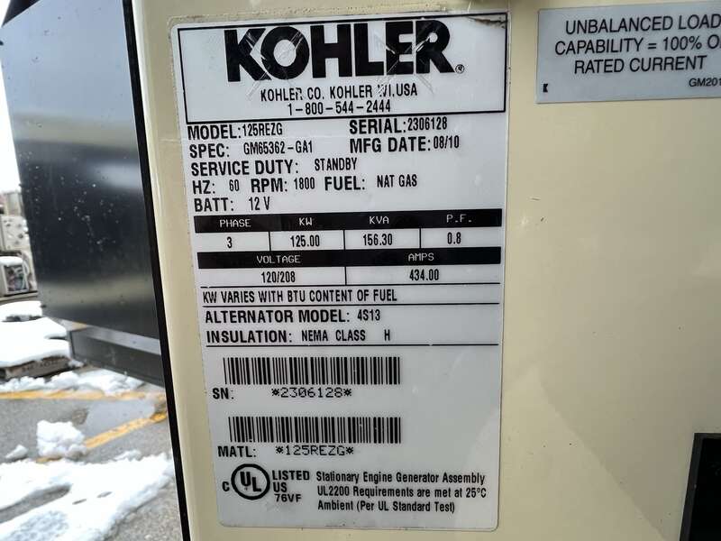 Used Kohler 125REZG Natural Gas / Propane Generator, 361 Hrs