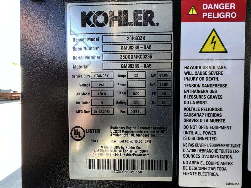 New Kohler 30REOZK Diesel Generator, 0 Hrs, EPA Tier 3, Single Phase