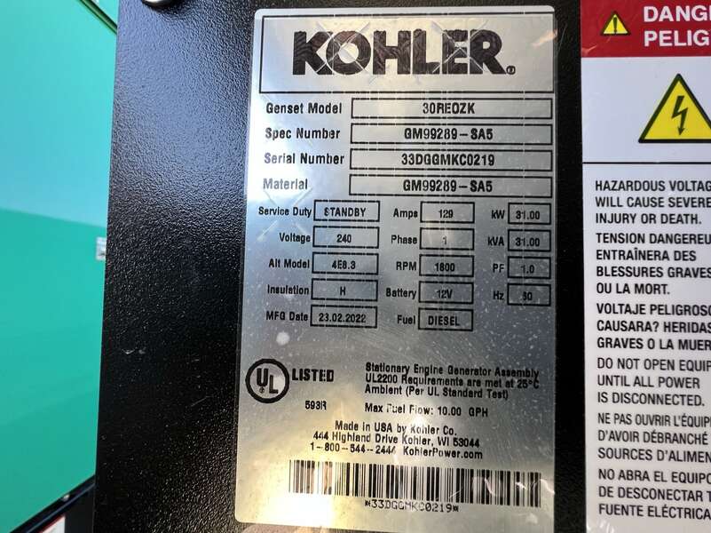 New Kohler 30REOZK Diesel Generator, 0 Hrs, EPA Tier 3, Single Phase