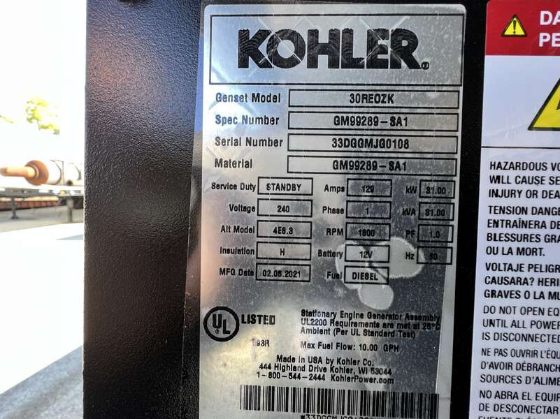 New Kohler 30REOZK Diesel Generator, 0 Hrs, EPA Tier 3, Single Phase
