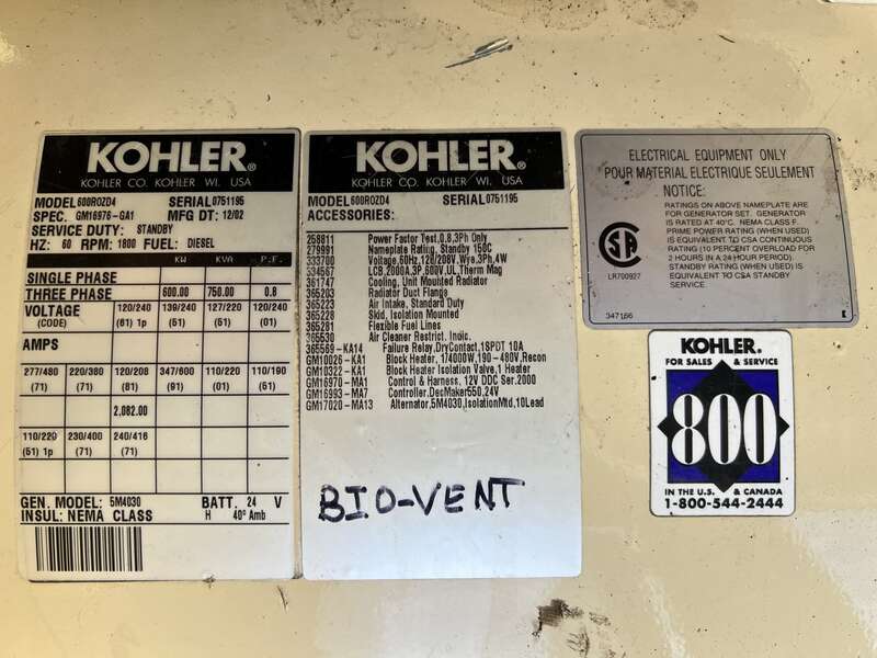 Used Kohler 600ROZD4 Diesel Generator, 209 Hrs