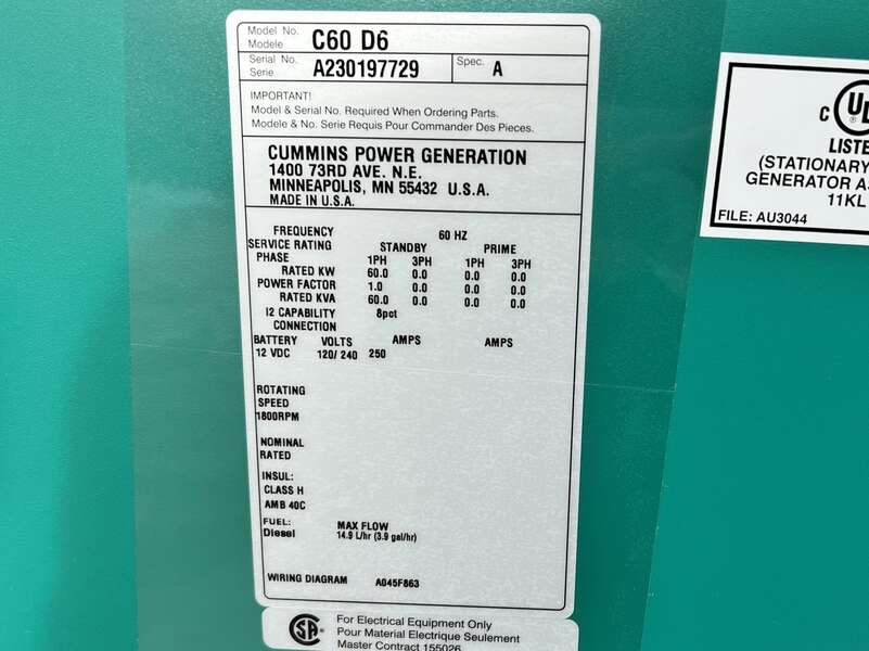 New Cummins C60D6 Diesel Generator, EPA Tier 3 - Single Phase