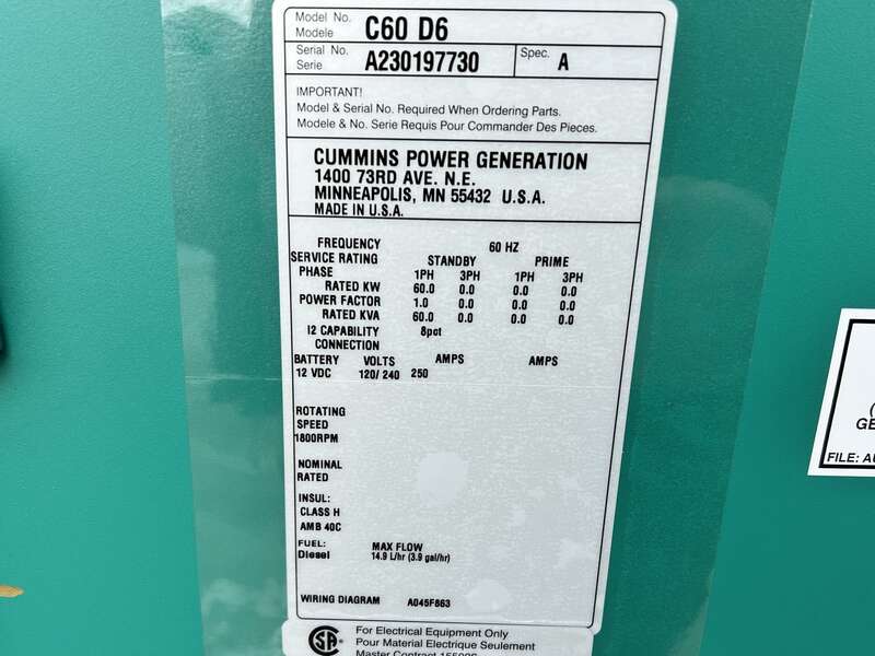 New Cummins C60D6 Diesel Generator, EPA Tier 3 - Single Phase