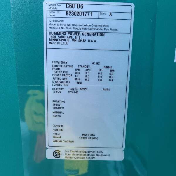 New Cummins C60D6 Diesel Generator, EPA Tier 3 - Single Phase