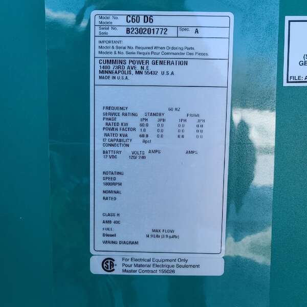 New Cummins C60D6 Diesel Generator, EPA Tier 3 - Single Phase
