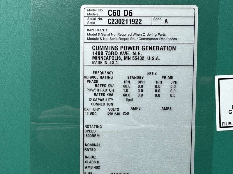 New Cummins C60D6 Diesel Generator, EPA Tier 3 - Single Phase