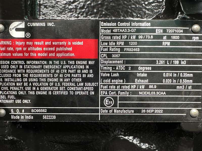 New Cummins C60D6 Diesel Generator, EPA Tier 3 - Single Phase