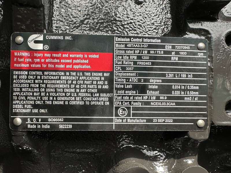 New Cummins C60D6 Diesel Generator, EPA Tier 3 - Single Phase