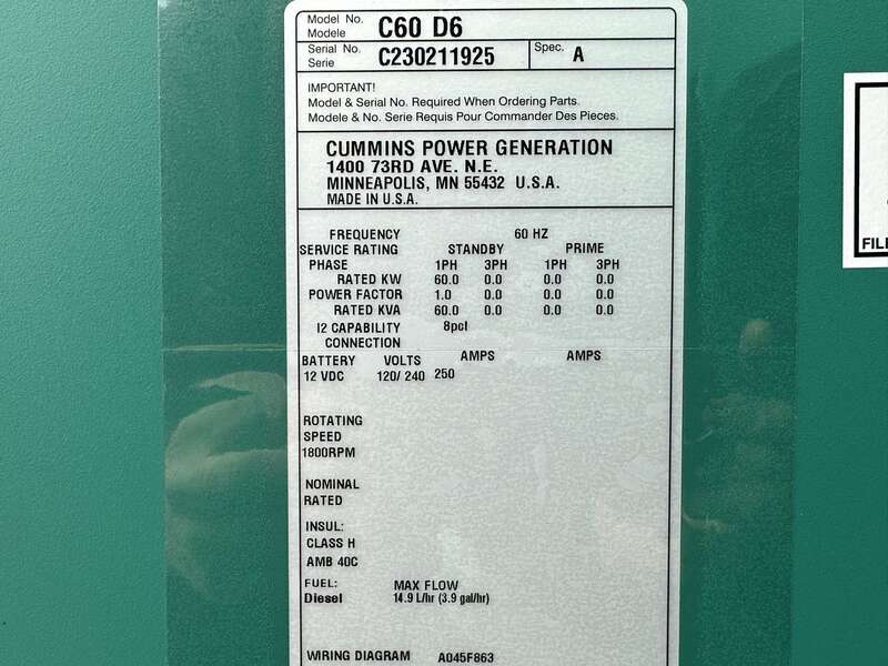 New Cummins C60D6 Diesel Generator, EPA Tier 3 - Single Phase