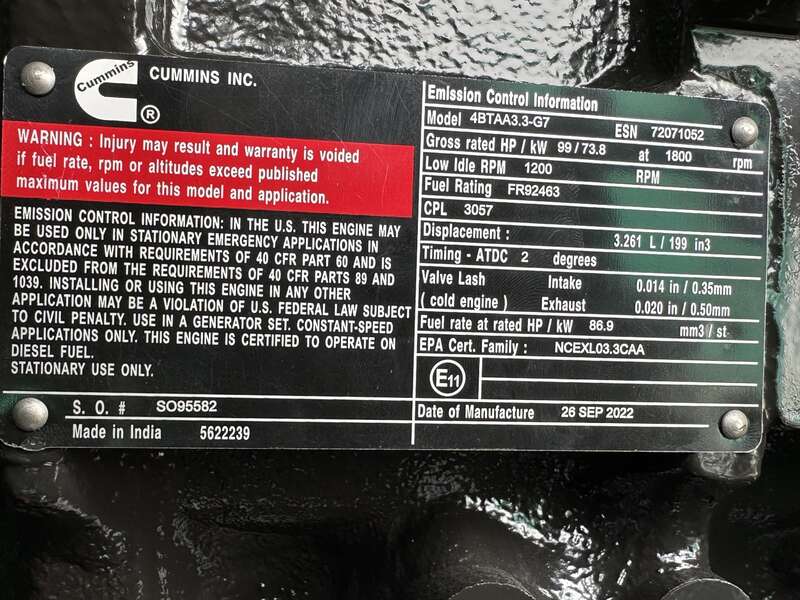 New Cummins C60D6 Diesel Generator, EPA Tier 3 - Single Phase