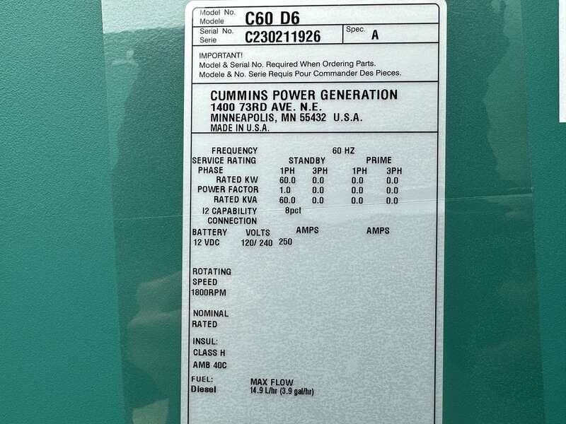 New Cummins C60D6 Diesel Generator, EPA Tier 3 - Single Phase
