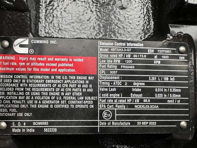 New Cummins C60D6 Diesel Generator, EPA Tier 3 - Single Phase