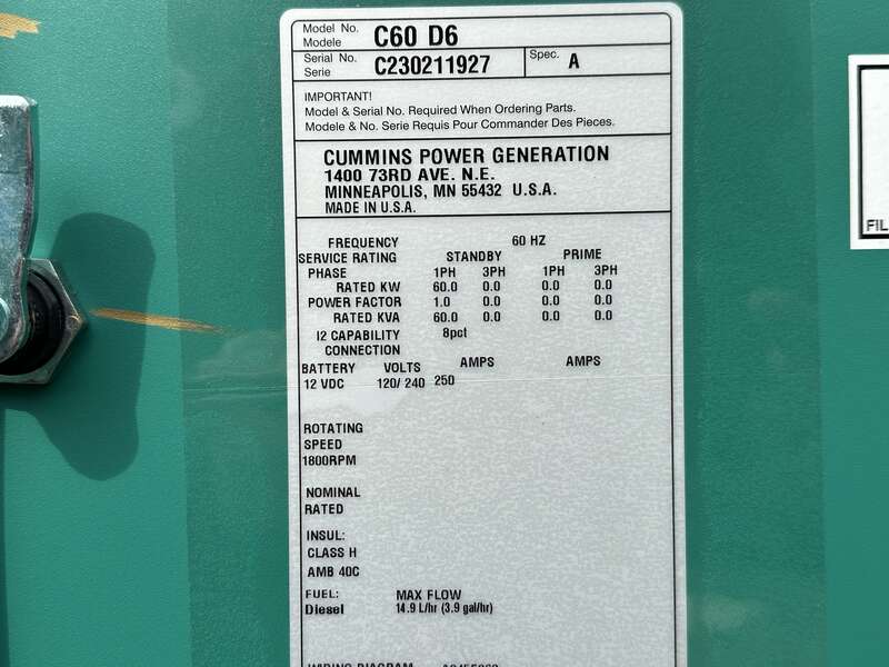 New Cummins C60D6 Diesel Generator, EPA Tier 3 - Single Phase