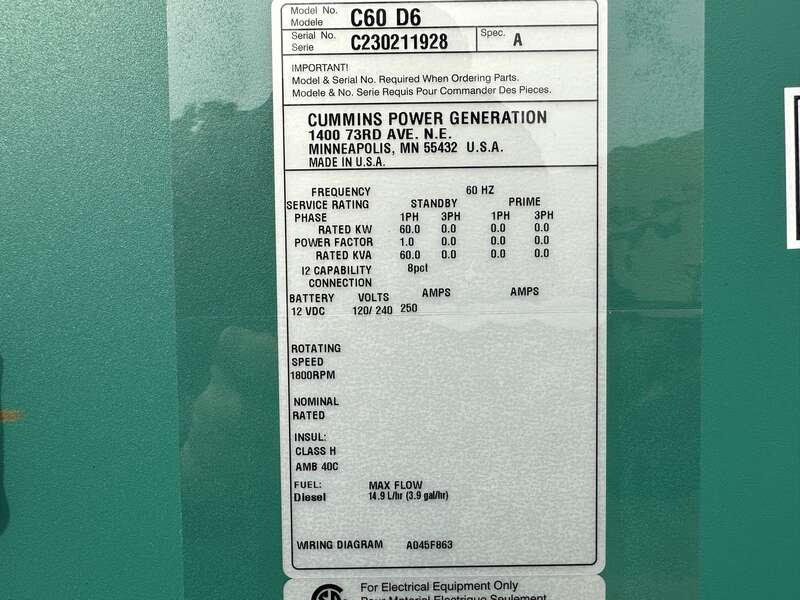 New Cummins C60D6 Diesel Generator, EPA Tier 3 - Single Phase