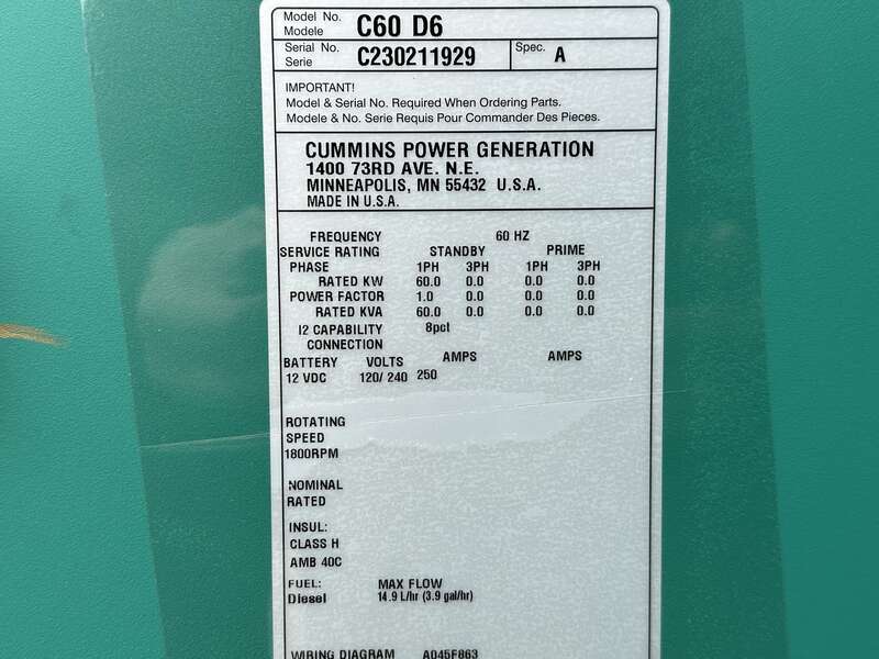 New Cummins C60D6 Diesel Generator, EPA Tier 3 - Single Phase