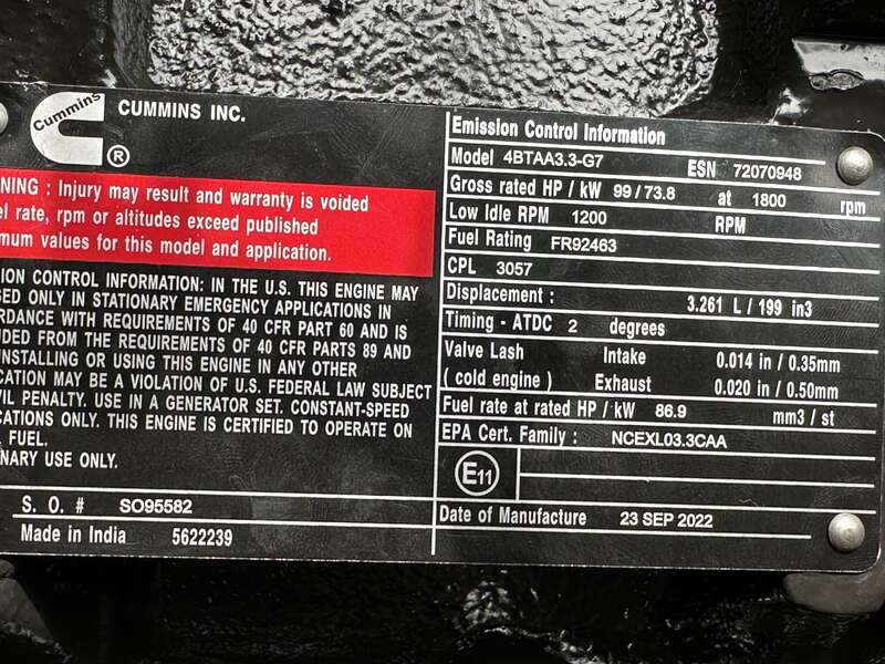 New Cummins C60D6 Diesel Generator, EPA Tier 3 - Single Phase