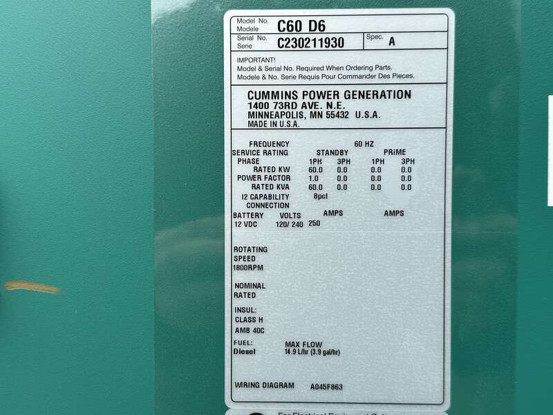 New Cummins C60D6 Diesel Generator, EPA Tier 3 - Single Phase