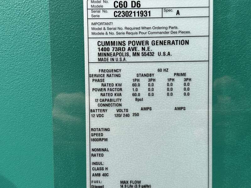 New Cummins C60D6 Diesel Generator, EPA Tier 3 - Single Phase