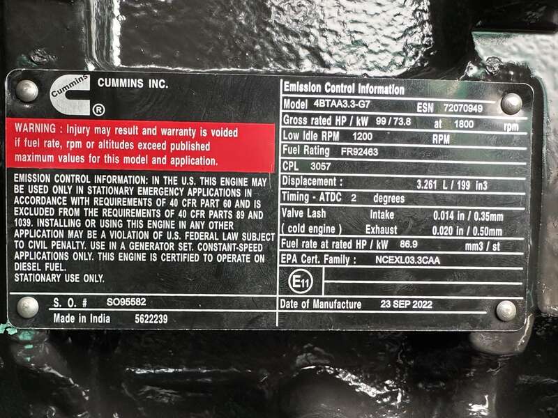 New Cummins C60D6 Diesel Generator, EPA Tier 3 - Single Phase