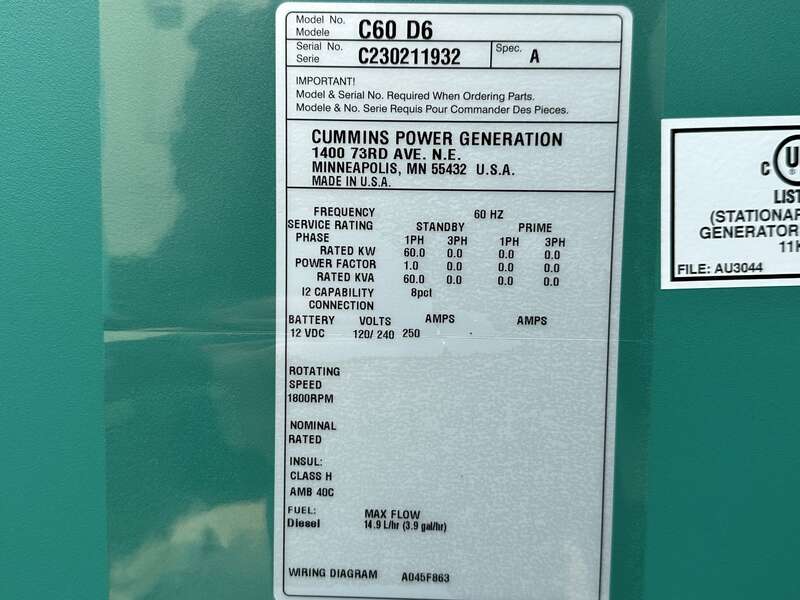 New Cummins C60D6 Diesel Generator, EPA Tier 3 - Single Phase