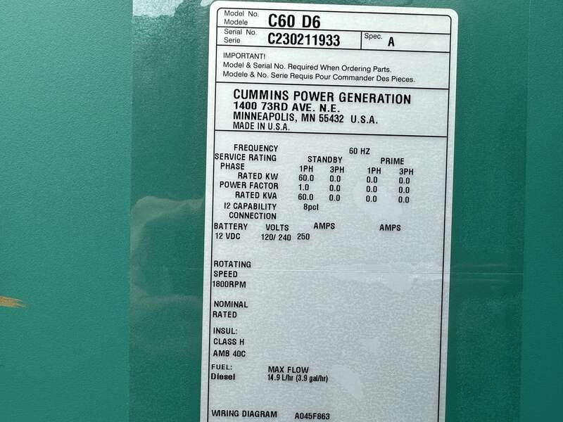 New Cummins C60D6 Diesel Generator, EPA Tier 3 - Single Phase