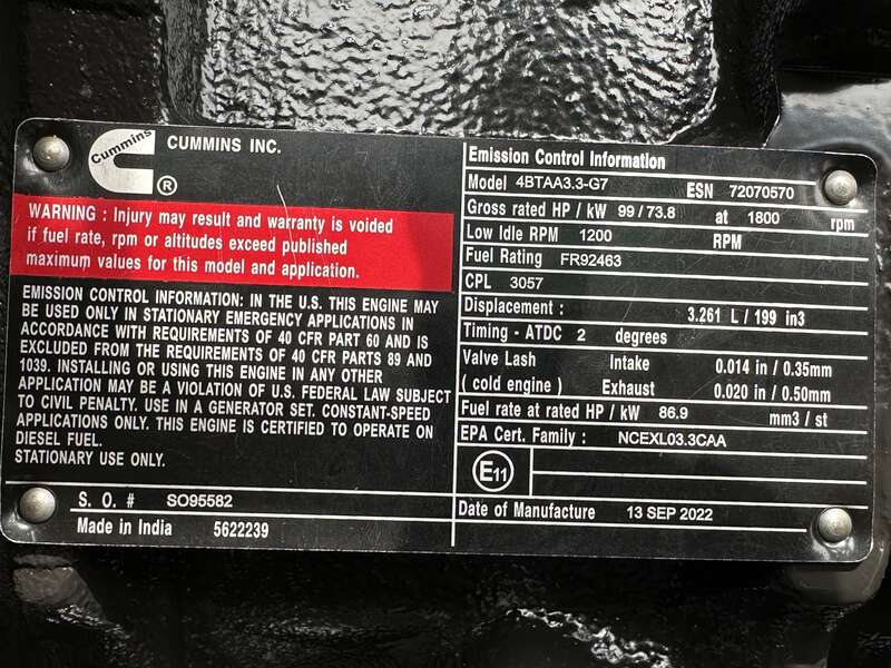 New Cummins C60D6 Diesel Generator, EPA Tier 3 - Single Phase